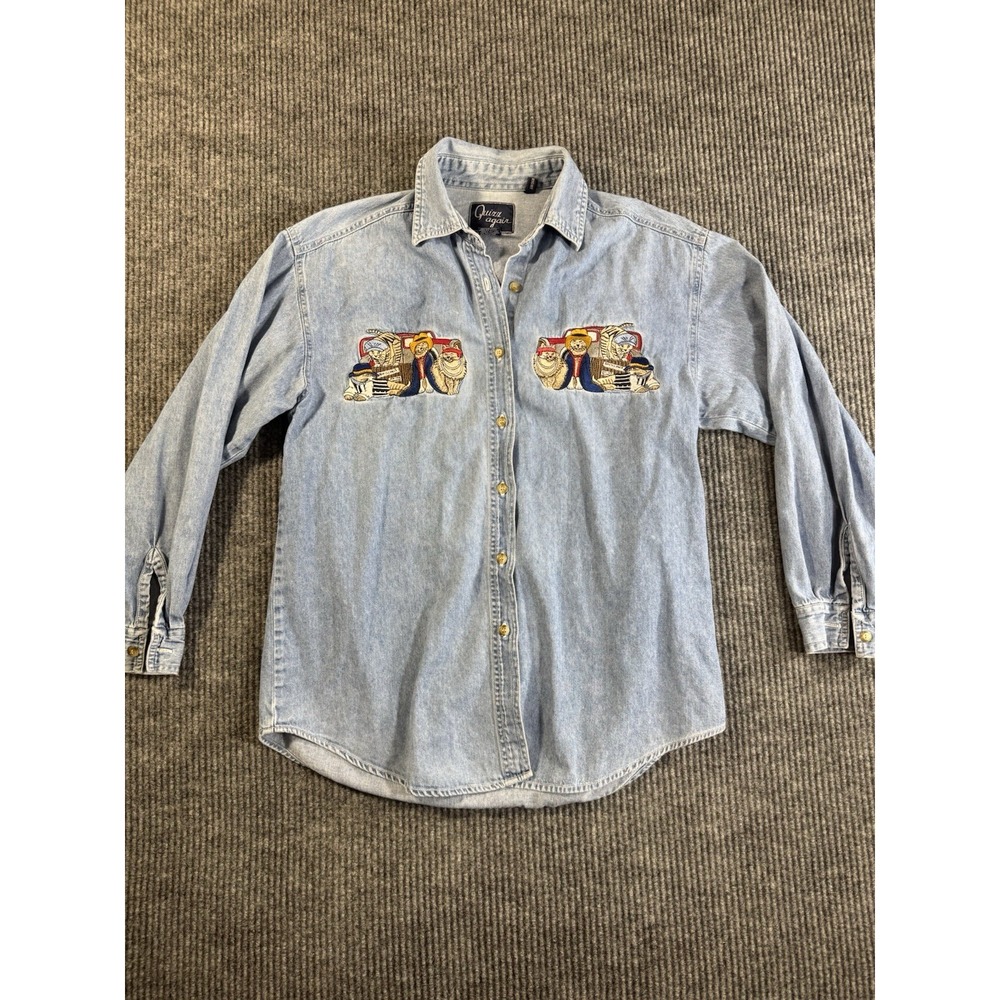 Quizz Again Women's Embroidered Cat Denim Button-Up Long Sleeve Collared Shirt S